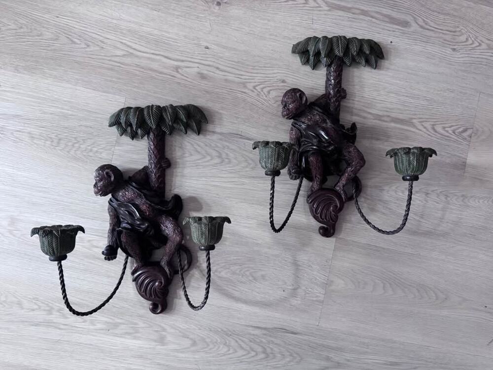 Pair of Vintage Monkey and Palm Two Candle Sconces